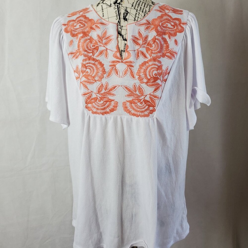Fair Haven Ruffled Short Sleeve White Textured & Coral Embroidered Accent - 2X